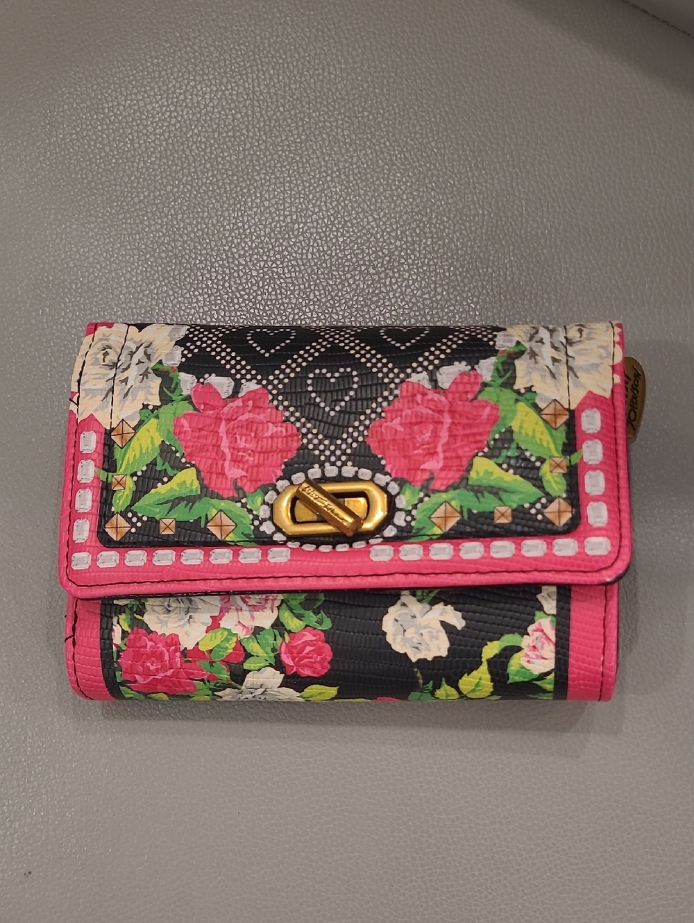 Betsey Johnson Black Floral Wallet with Pink Trim